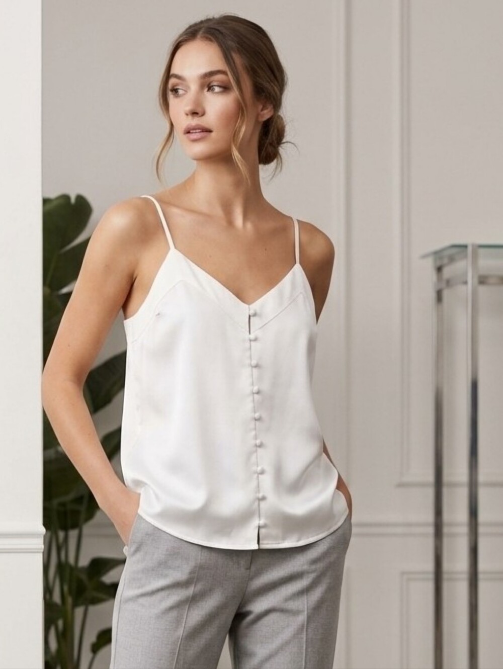 Abercrombie & Fitch Ivory V-Neck Button-Front Camisole Women's Size Medium